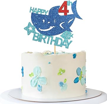 Shark Happy 4th Brithday Cake Topper - Under the Sea Boy Kid Four Birthday Cake Supplies/Ocean World 4th Shark Bday Party Decoration - Blue Glitter