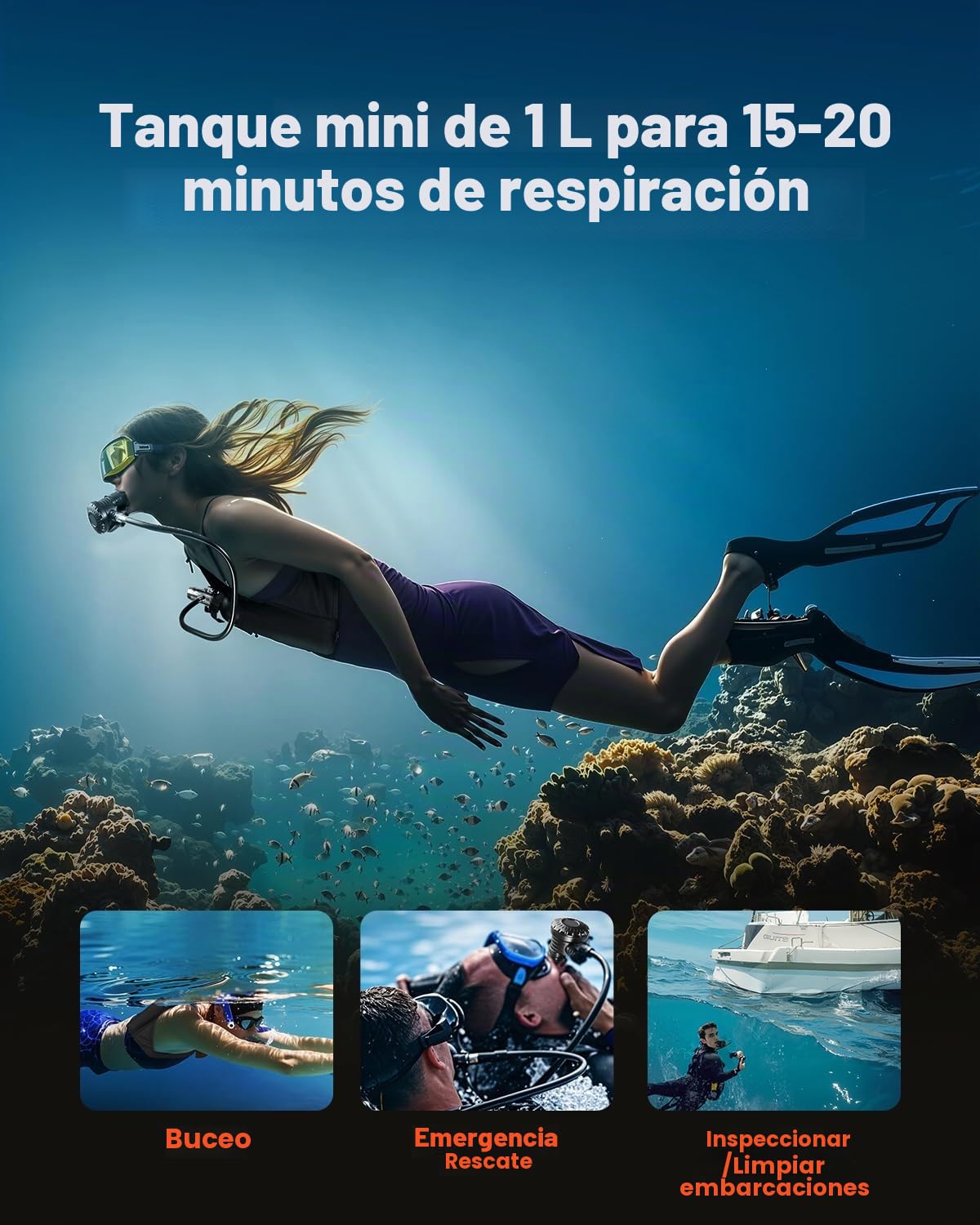 VEVOR Tanque de Buceo Portátil 1 L, Cilindro de Oxígeno para Buceo Que Permite Respirar bajo el Agua 15 a 20 Minutos, Profundidad de Buceo de 30 m, para la Exploración Subacuática, 89 x 360 mm