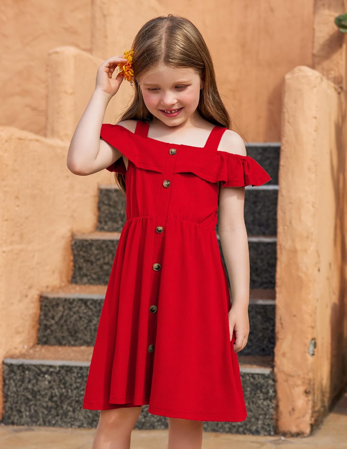 Arshiner Girls Dresses Summer Spaghetti Strap Cold Shoulder Ruffle Button Down A Line Dresses - Image 3