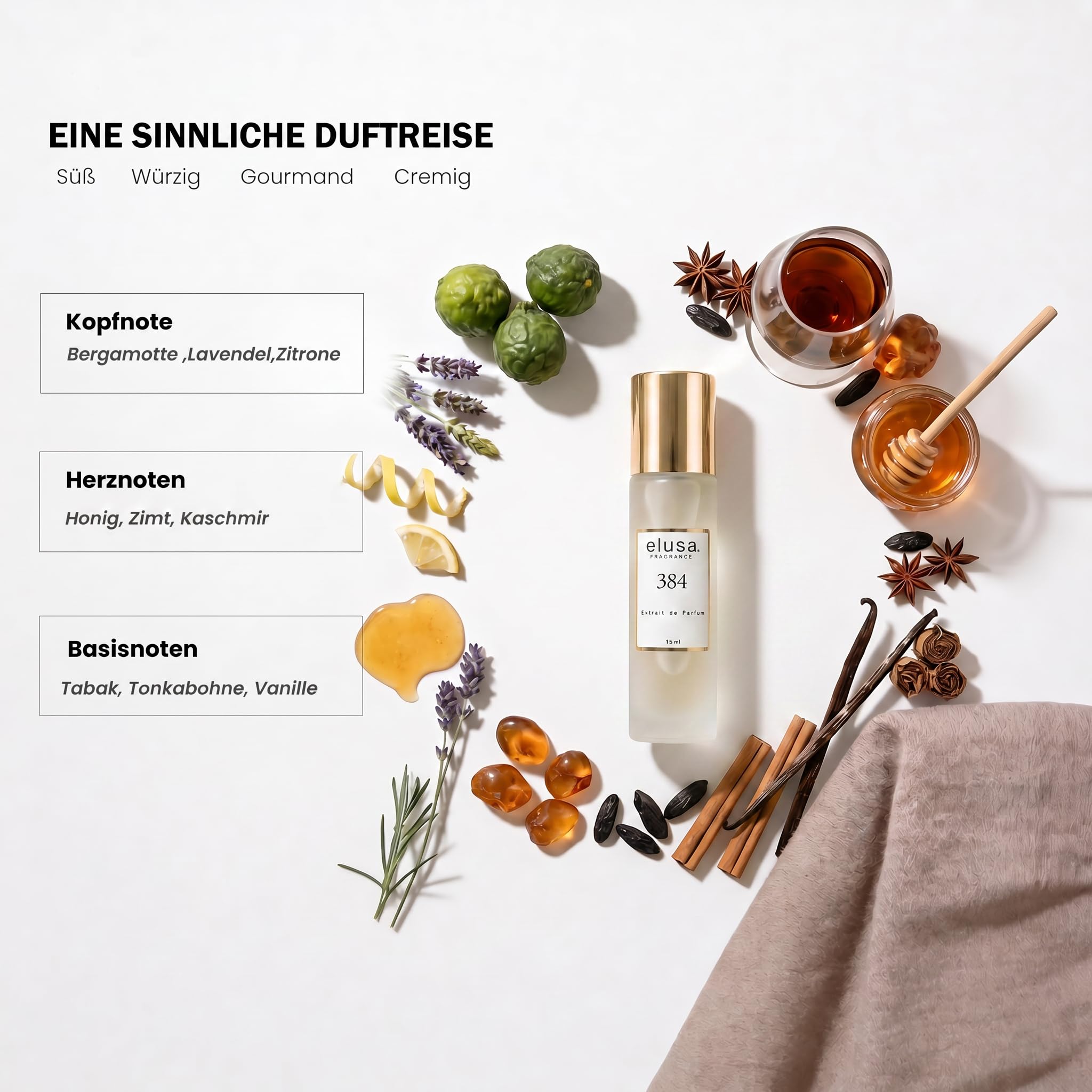 Elusa Fragrance 384 Extrait de Parfum 15ml – Unisex Parfum Damen Herren – Orientalisch Holziger Duft mit Oud, Vanille & Lavendel – Süß, Würzig & Langanhaltend