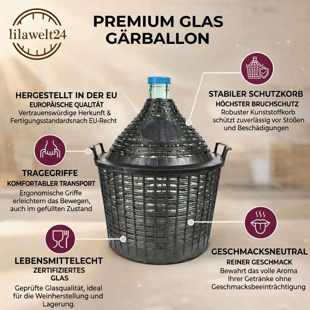lilawelt24 2 X 10 L Glasballon + Gummistopfen+GÄRRÖHRCHEN, Gärballon mit Kunststoffkorb, Weinballon, Flasche, Glasflasche, Gallone, Gärbehälter, Glasgärballon, Gäreimer