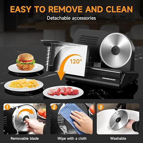 Miniatura 5 de Rebanadora de carne de 200 W con dos cuchillas de 7.5 pulgadas y una bandeja de acero inoxidable para uso doméstico, cortador eléctrico de alimentos