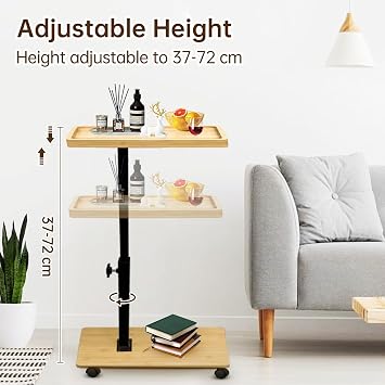 Side Table C Shape Bamboo Metal Modern Height Adjustable with Wheels Small Side Table Coffee Table Bed Table Sofa Table Coffee Table Bedside Table Care Table for Living Room Bedroom Bathroom