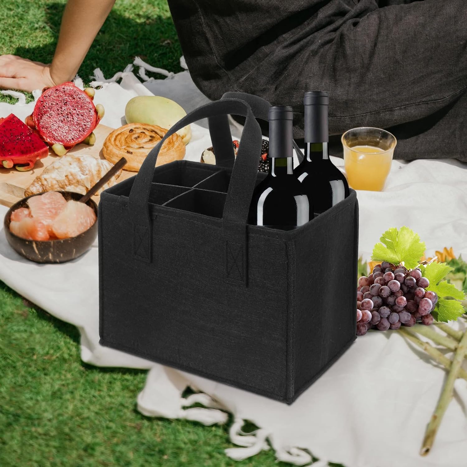Felt Wine Tote Bag for 6 Bottles, Black Trim Carrying Holder
