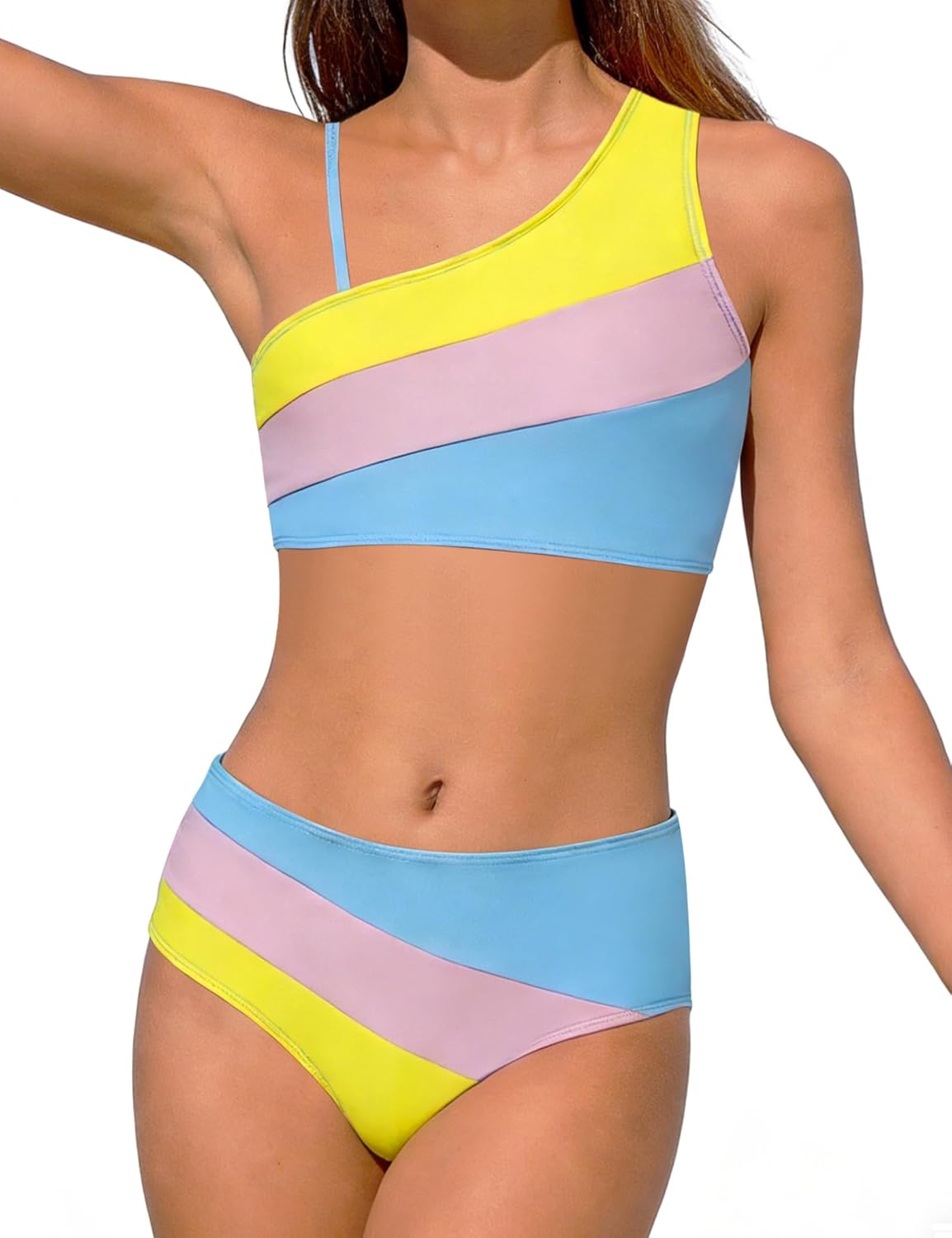 Girls Bikini Set - One Shoulder Color Block High Waisted Two Piece Swimsuit for 7-16 Year Old Preteens & Teens