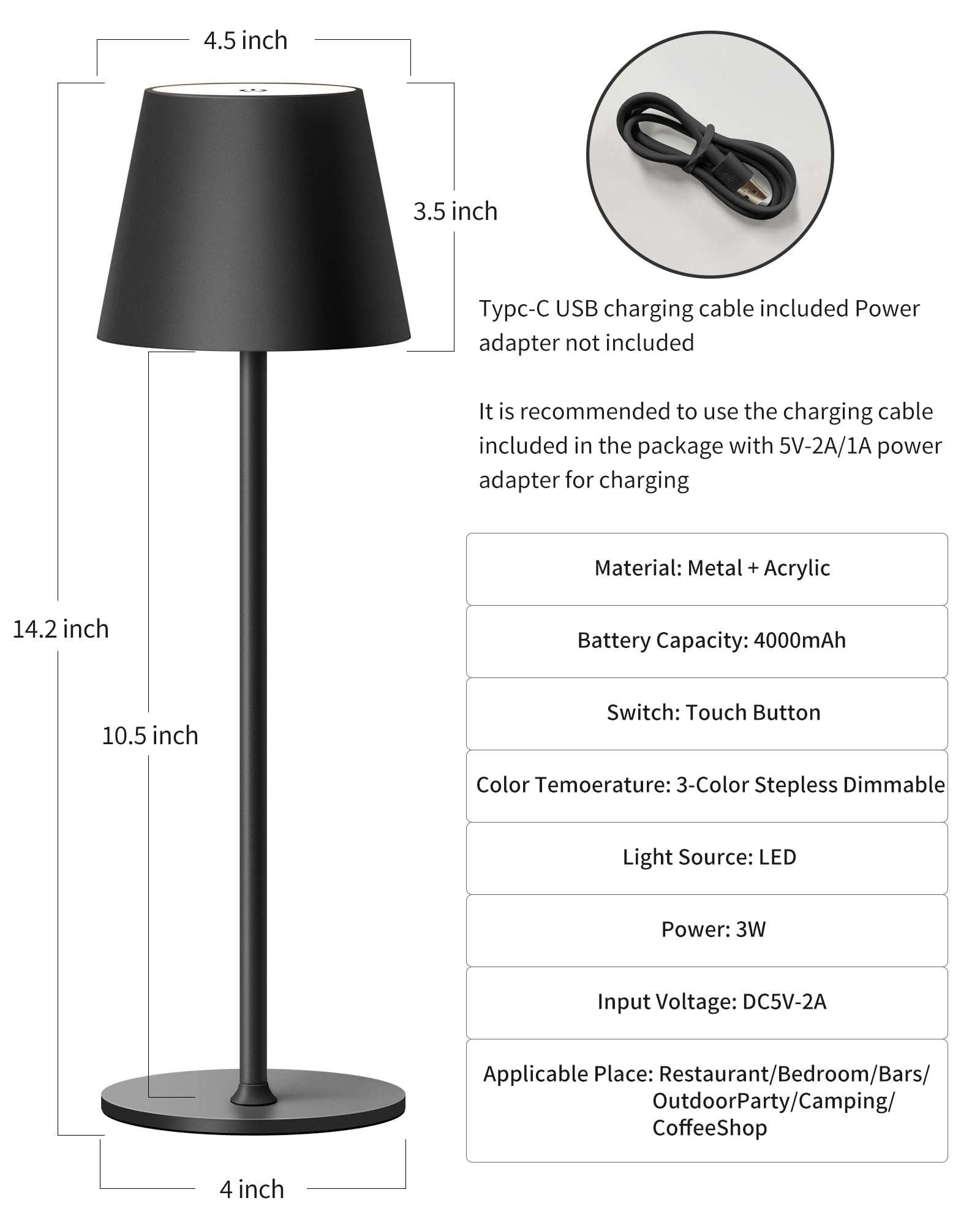 2er-Set wiederaufladbarer, dimmbarer LED-Tischlampen, kabellose Tischlampen mit Touch-Bedienung und 3 Farbtemperaturen, wasserdichte Metall-Tischlampen für den Innen- und Außenbereich, schwarz
