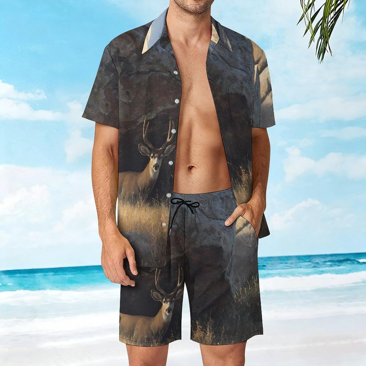 Lions Hunting Deers Behind Boulders Men's Summer Beach 2 Piece Outfits | hawaiian button down shirt and shorts,vacation cruise,mens bathing suit