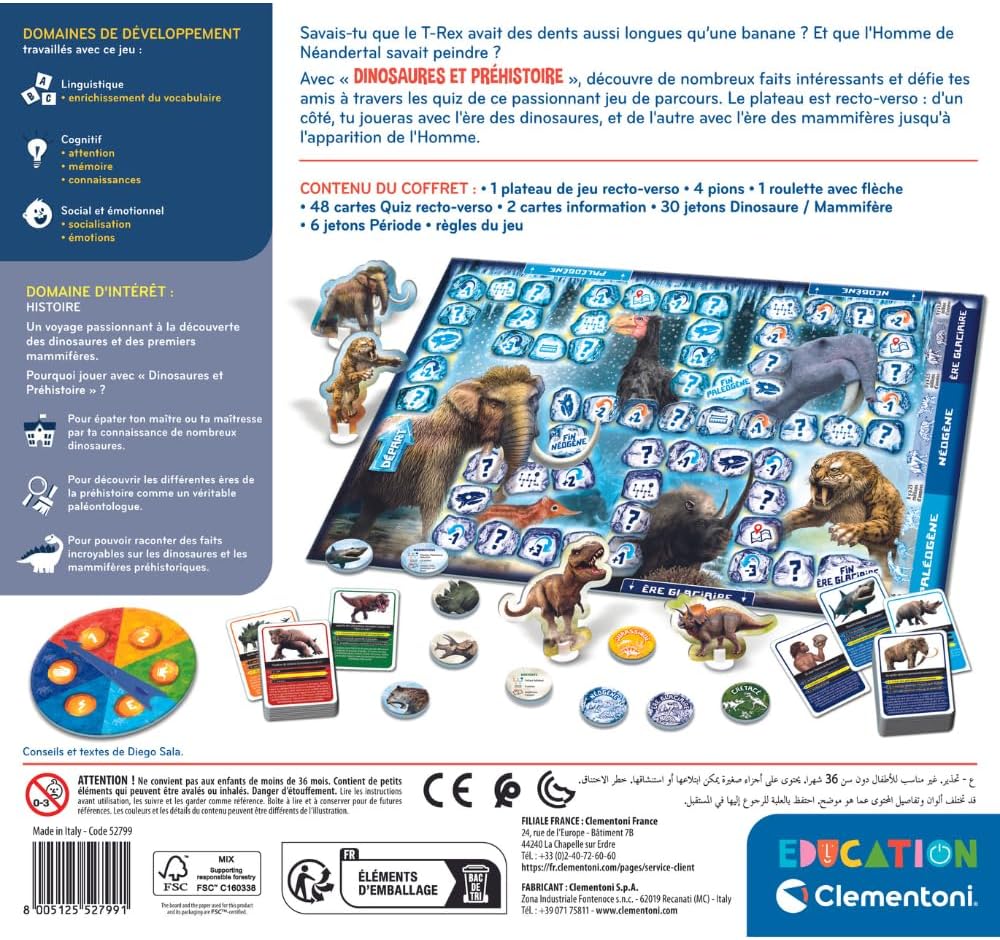 Clementoni | Dinosaurs & Prehistory | Contains 1 Board, 4 Pawns, 1 Roulette, 50 Cards and 36 Tokens. | 6 Years | 52799