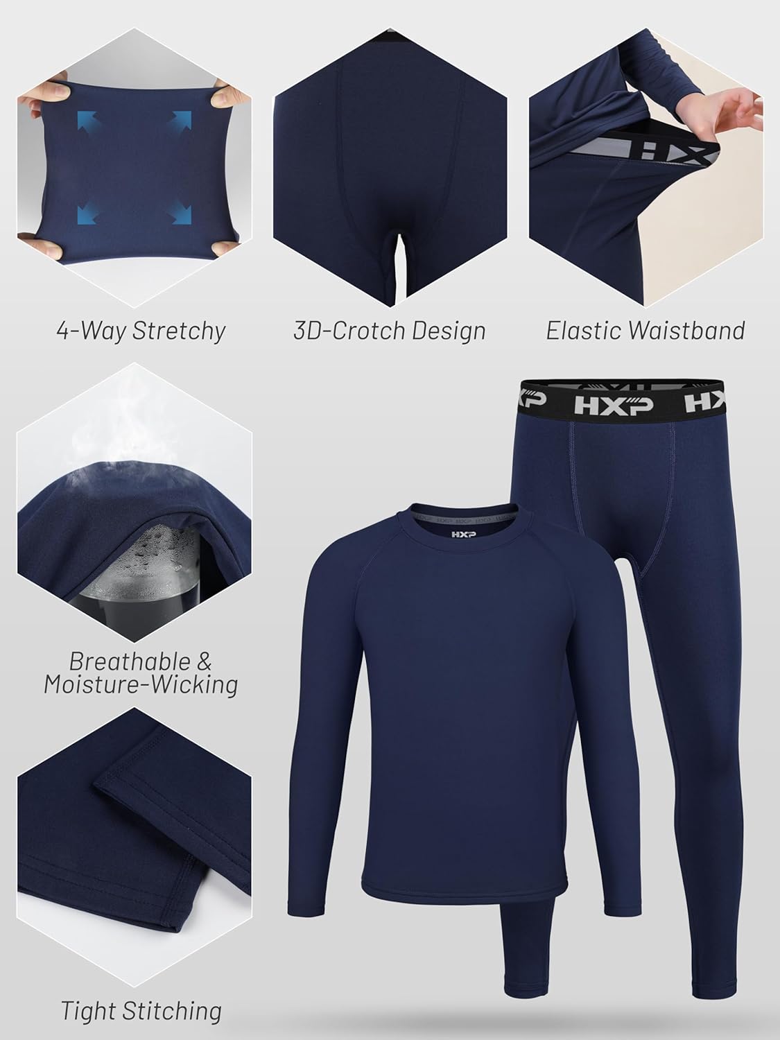 HXP Boys Compression Thermal Base Layer Set, Athletic Youth Fleece Lined Long Sleeve Sports Tops Leggings for Kids - Image 3