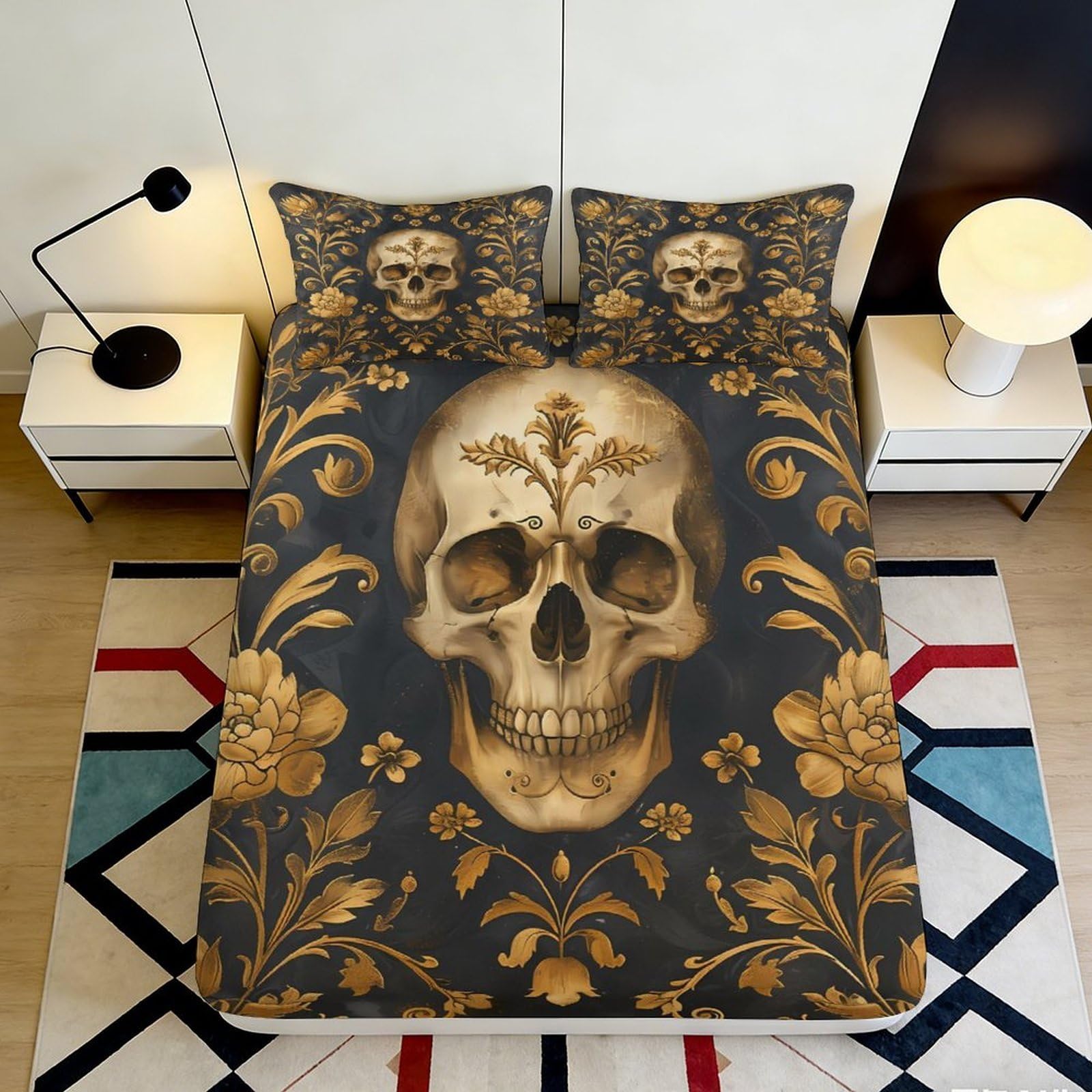 3D Printed Skull Art Fitted Sheet Microfiber Deep Pocket Full Wrap Skull Mattress Fitted Cover Non-Slip Washable 160x200x25cm