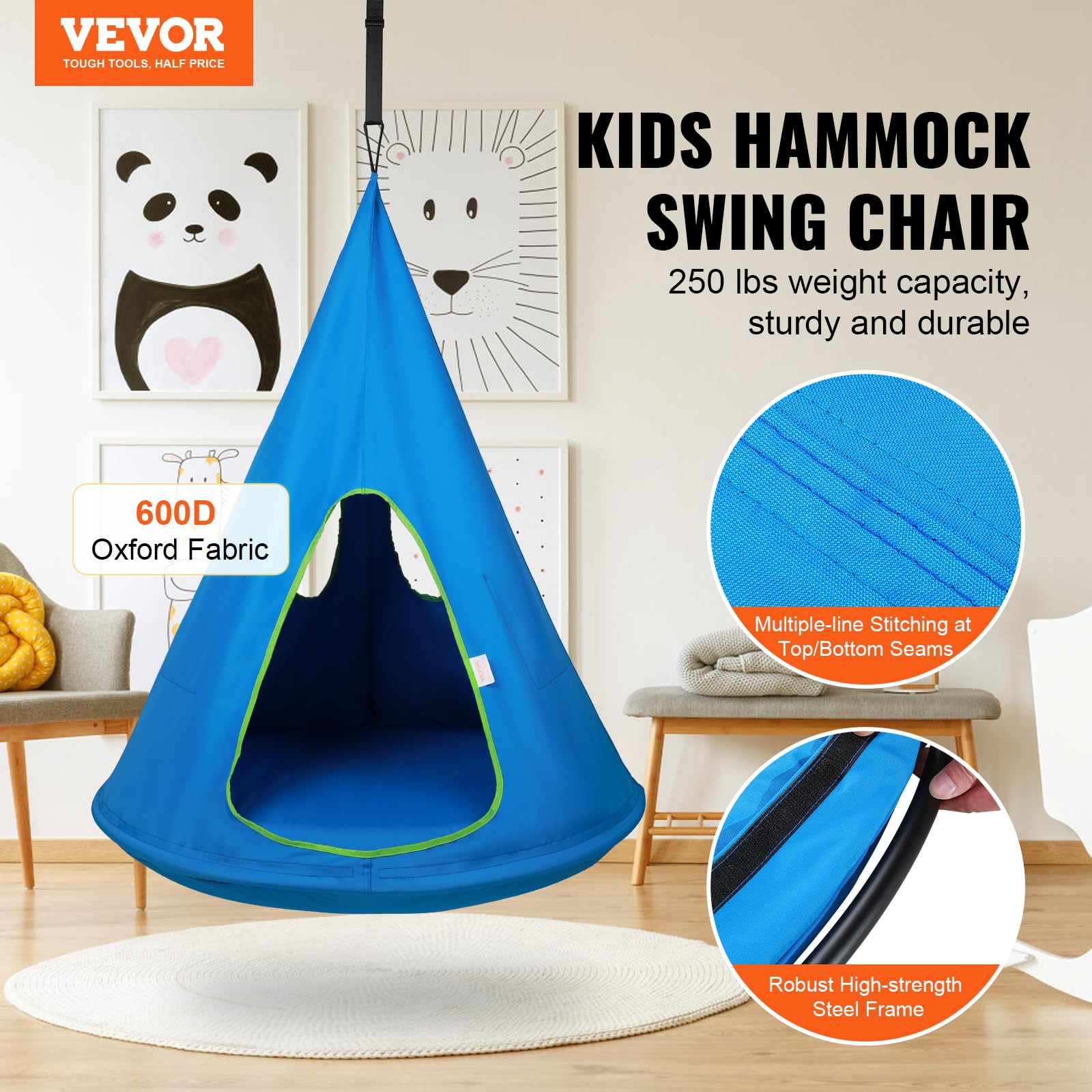VEVOR Nid Hamac d'enfants 100x132 cm Chaise Balançoire Suspendu Intérieur Extérieur Capacité de Charge 113 kg avec Corde Réglable Installation Simple pour Salon, Chambre, Pelouse, Jardin, Bois, Bleu