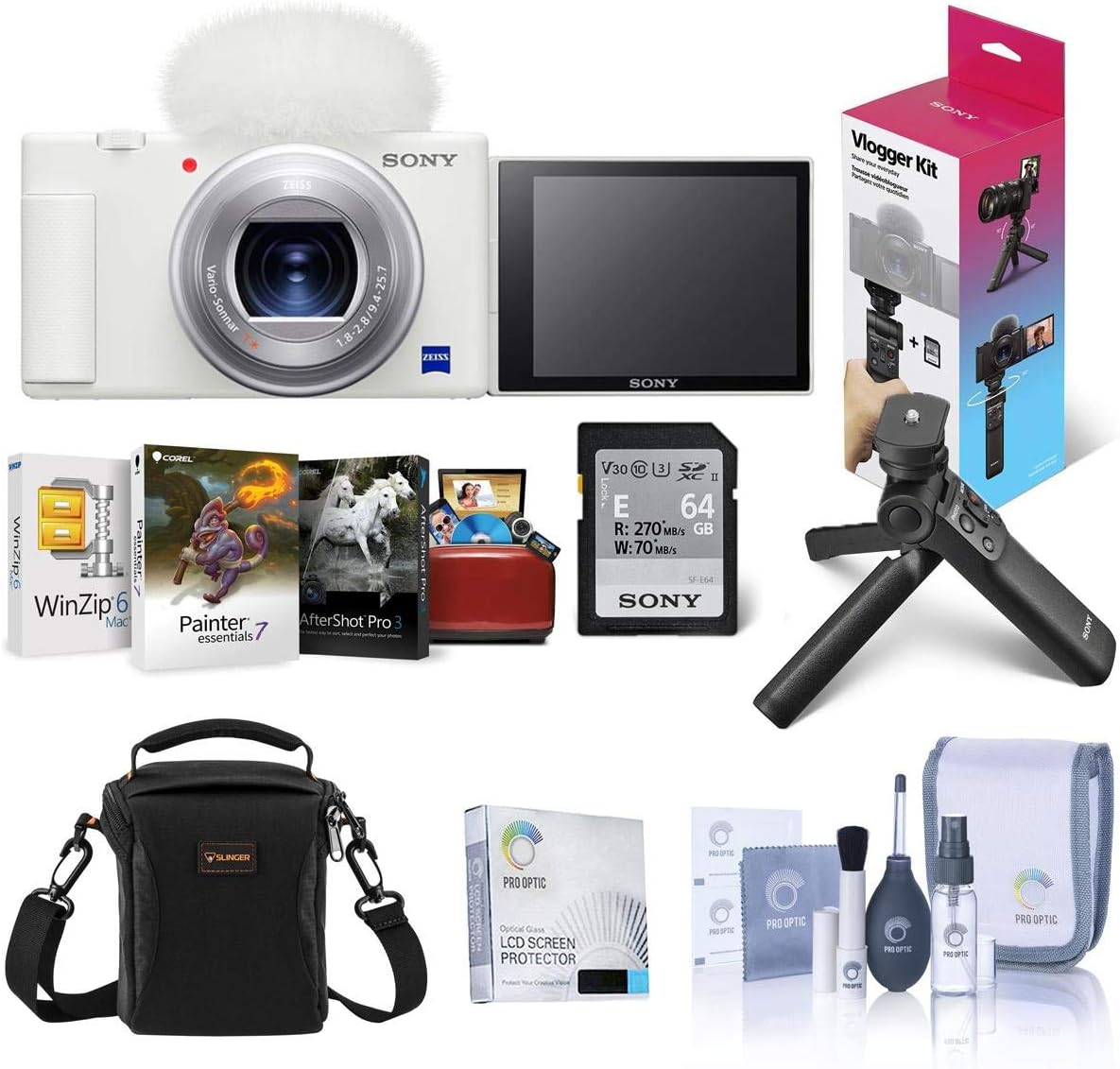 Sony ZV-1 Compact 4K HD Digital Camera, White Bundle with Sony Shooting Grip/Tripod, 64GB UHS-II SD Card, Shoulder Bag, Corel Mac Software Kit and Accessories