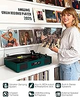 Vista 12 de Tocadiscos de vinilo con altavoces integrados de 3 velocidades, tocadiscos vintage con control de agudos y graves, conector de auriculares de 3.5mm