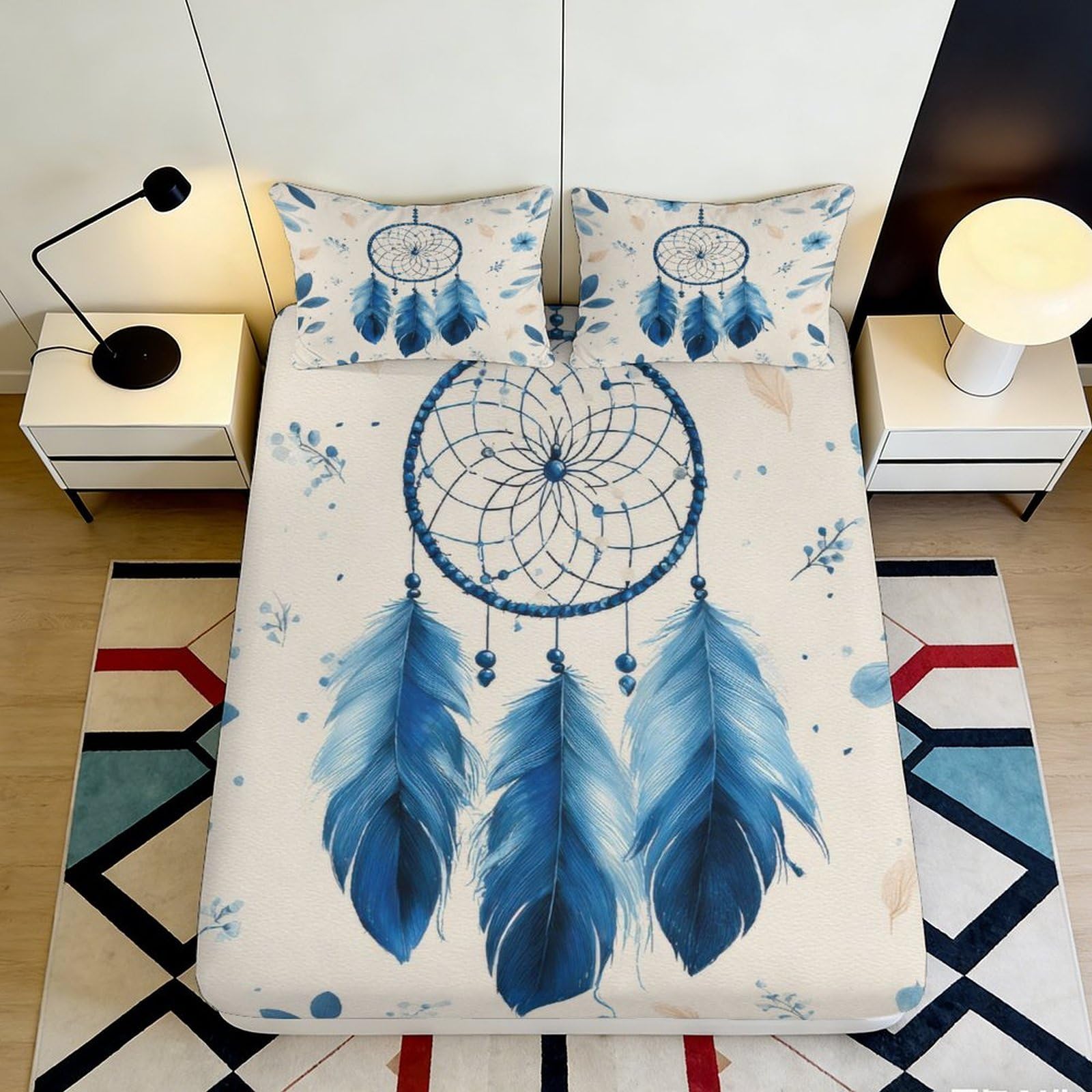Jqzkxnhpbr Style-6 3D Printed Dreamcatcher Fitted Sheet Microfiber Soft Blue Feather Bed Cover For Bedroom Dorm Mattress Protection Decor 90X200x25cm