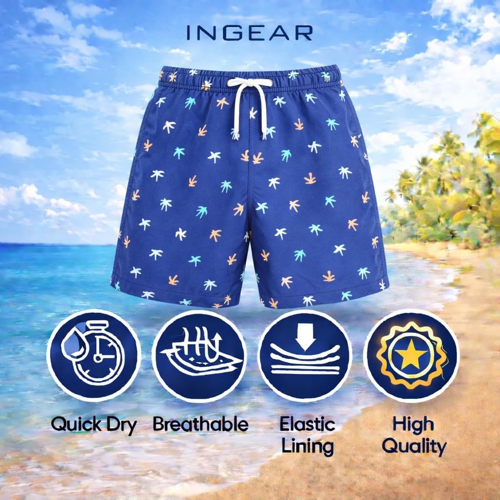 INGEAR Boys Swim Trunks - UPF 50+, Quick Dry Boys Bathing Suit, Beach Shorts, Swimsuit and Swimwear Trunks - Sizes 2T-14 (Multi Palm, 4T)