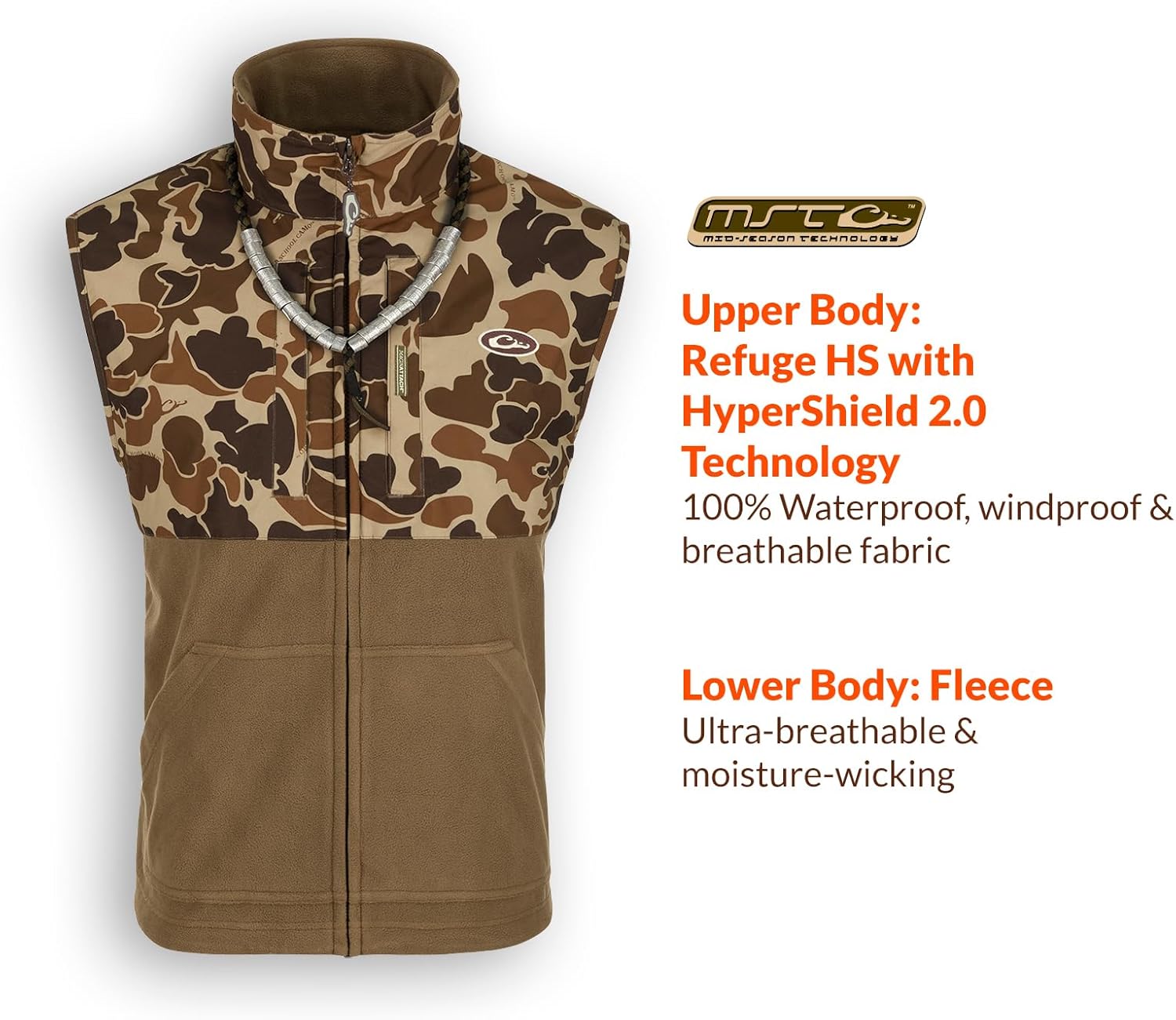 Drake Waterfowl Men's MST Eqwader Insulated Fleece-Lined Waterproof Windproof Breathable Adjustable Outdoor Hunting Zip Vest
