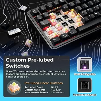 TECWARE Ghost 75% Wireless Mechanical Keyboard | RGB Gaming Keyboard with Volume Knob | Tri-Mode 2.4GHz/Bluetooth/USB-C | Gasket Mounted | Hot Swappable Pre-Lubed Linear Switches | 4000mAh | Black