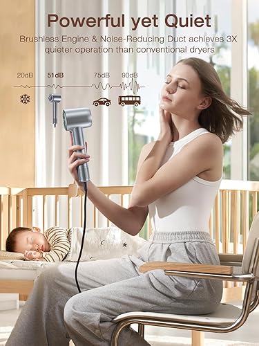 Miniatura 3 de Secador de pelo, 160000 RPM de alta velocidad iónico de bajo ruido con motor sin escobillas para secado rápido, secador de pelo silencioso con