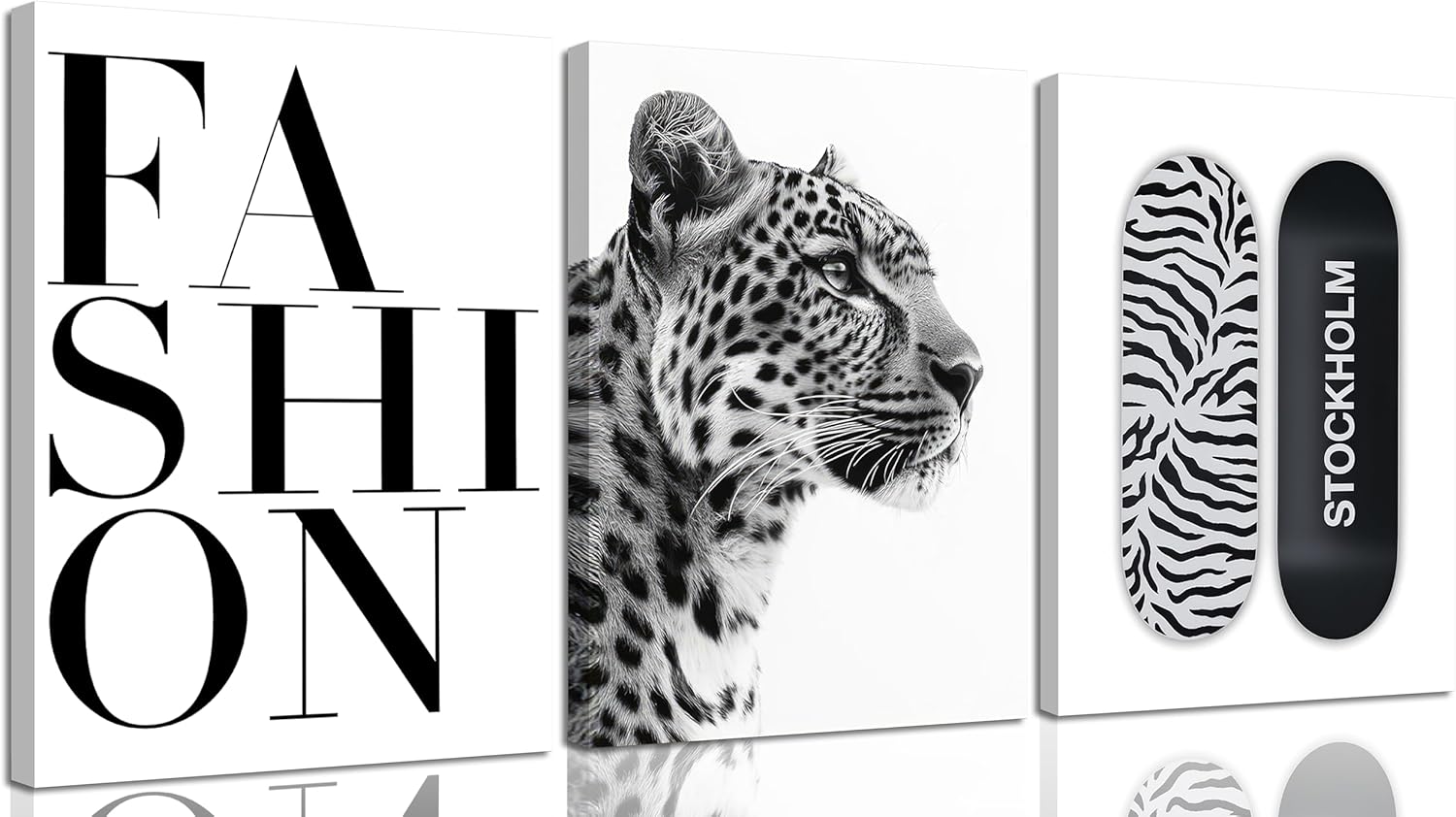 3Pcs Trendy Black and White Leopard Poster Wall Art Preppy Stockholm Cheetah Painting Picture Wall Decor Funky Skateboard Canvas Print Artwork for Dorm Apartment Bathroom Home Decoration Unframed