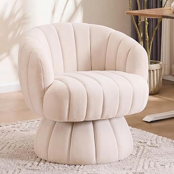 Mistpople Mid Century Modern 360 Degree Barrel Swivel Accent Sofa Chair,Fluffy Velvet Fabric Lounge Wide Upholstered Pumpkin Reading Chair, Round Cloud Armchair for Living Room,Bedroom,VanityBeige