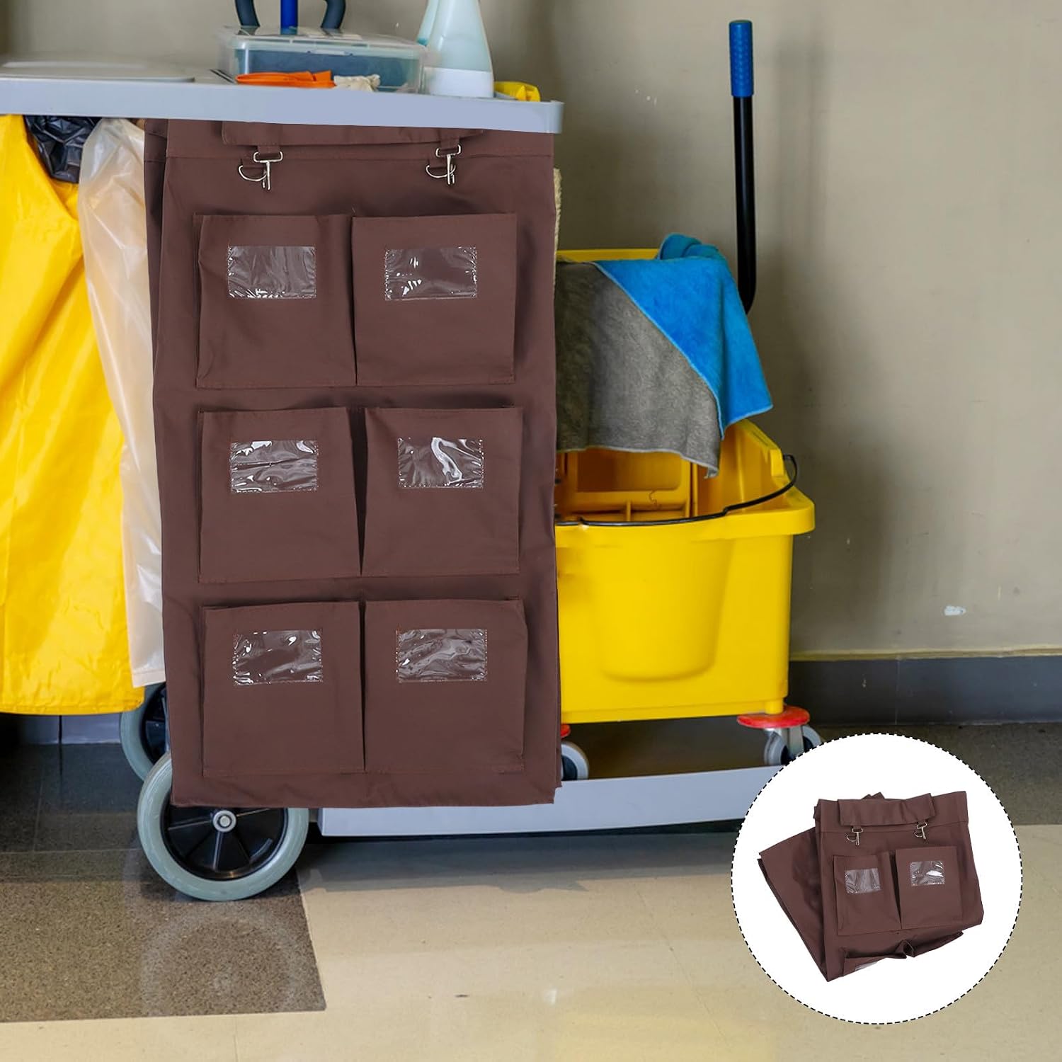 Janitorial Hanging Trolley with Oxford Cloth Bag 6 Pockets Cleaning Cart
