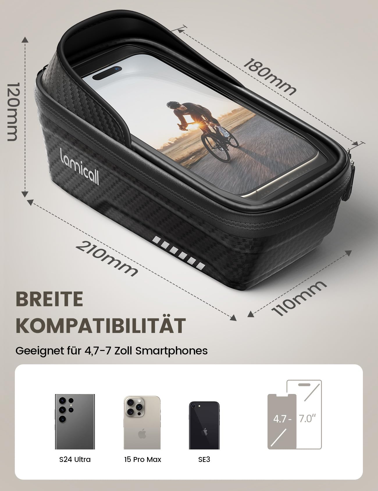 Lamicall 2-IN-1 Fahrradtasche Rahmen, Rahmentasche Fahrrad - [1S Schnellspanner] Wasserdichte Lenkertasche Fahrrad für 20-40mm Rahmen&Lenker, 1,3L Handytasche Oberrohrtasche mit TPU Touchscreen 4,7-7"
