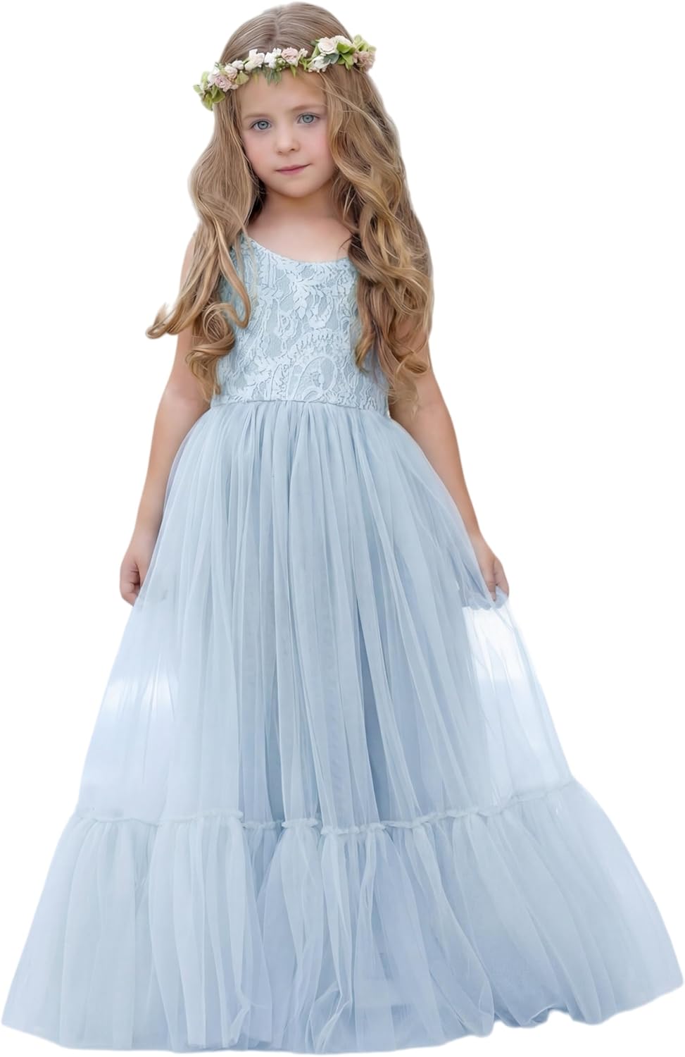 LalaMira Flower Girl Dress Lace/Tulle Boho Toddler Dresses Ruffle Girl Dress for Wedding Garden Party Communion Beach