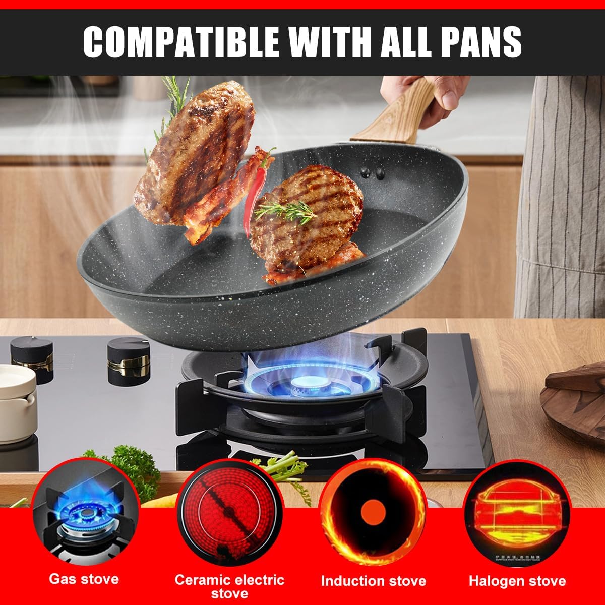 DEYKAY Non Stick Frying Pan Skillet Set, Omelet Pan, Healthy Non Toxic Granite Chef Pan, Induction Compatible Egg Frying Pan with Heat-Resistant Handle, PFOA-Free,Black, 8.6"+10.5"+11"