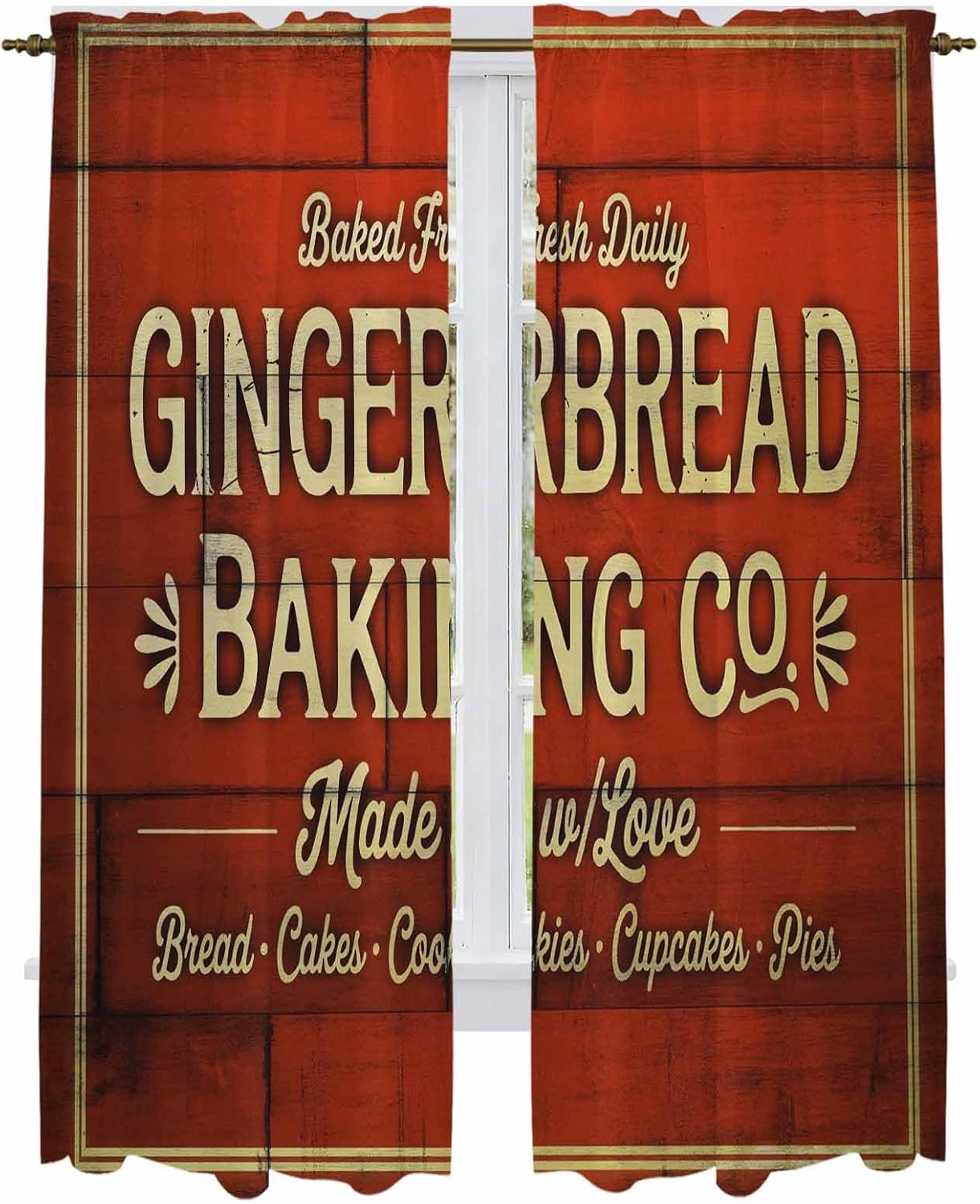 Christmas Winter Window Curtains 72 Inch Long 2 Panel Set, Rod Pocket Long Curtains & Drapes, Ginger Bread Retro Red Wooden Grain Light Filtering Window Treatment for Bedroom Living Room 52"W x 72"L