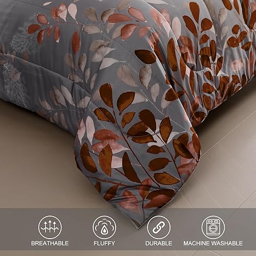 Miniatura 8 de Juego de edredón marrón tamaño King de 7 piezas, cama floral en una bolsa con patrón de hojas degradadas, juego de ropa de cama botánica para todas