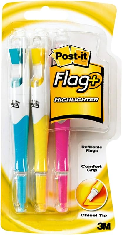 Post-it Flags + Highlighter, 3 Pack, 50 Color Coordinated Flags/Highlighter, Yellow, Pink, Blue (689-HL3)