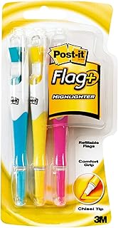 Post-it Flag+ Highlighter, 3-Pack – Yellow, Pink, and Blue Highlighters with Integrated 50-Color Coordinated Flags