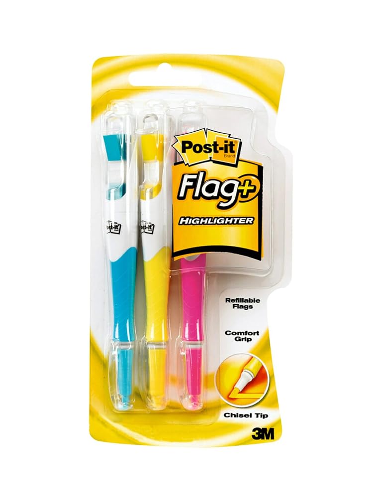 Post-it Flags + Highlighter, 3 Pack, 50 Color Coordinated Flags/Highlighter, Yellow, Pink, Blue (689-HL3)
