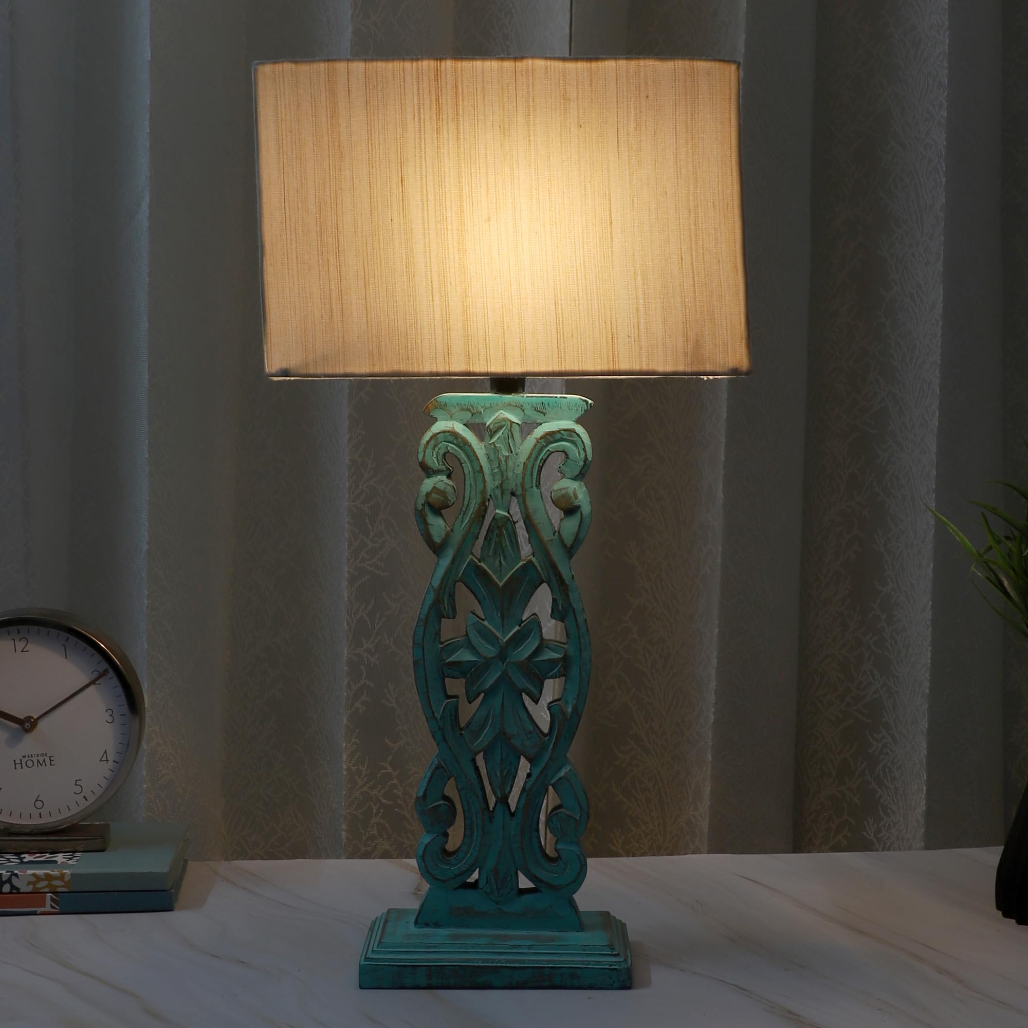 tu casa Mangowood Rustic Aqua French Table Lamp for Home Decoration, Bedroom, Living Room, Lounge, Office, Festival Gifting, Study Table (Off White with Cotton Shade) H - 21" / No Blub-image-23