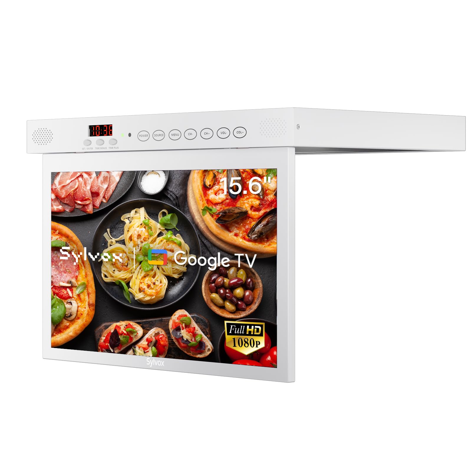 SYLVOX TV de Cocina Plegable 15.6", 90° Ajustable, 1080P, Smart con Google TV,12V Mini Televisor con Rotación 360° | DVB-C/S2/T2 | Wi-Fi | Bluetooth | para Cocina, Camping, Dormitorio(Blanco)