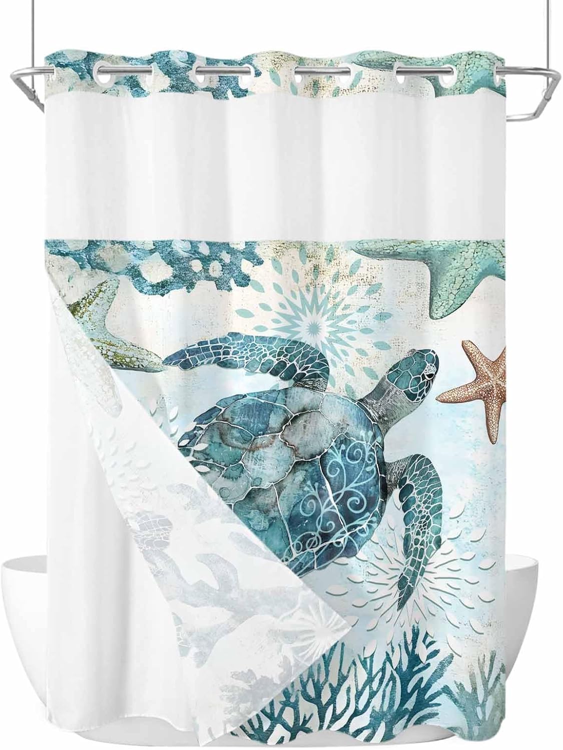 Sea Turtle Shower Curtains Set Ocean Coral Starfish No Hook Shower Curtains with Snap in Liner 48" x 72" Vintage Undersea Waterproof Fabric See Through Top Sheer Window for Bathroom Shower Room