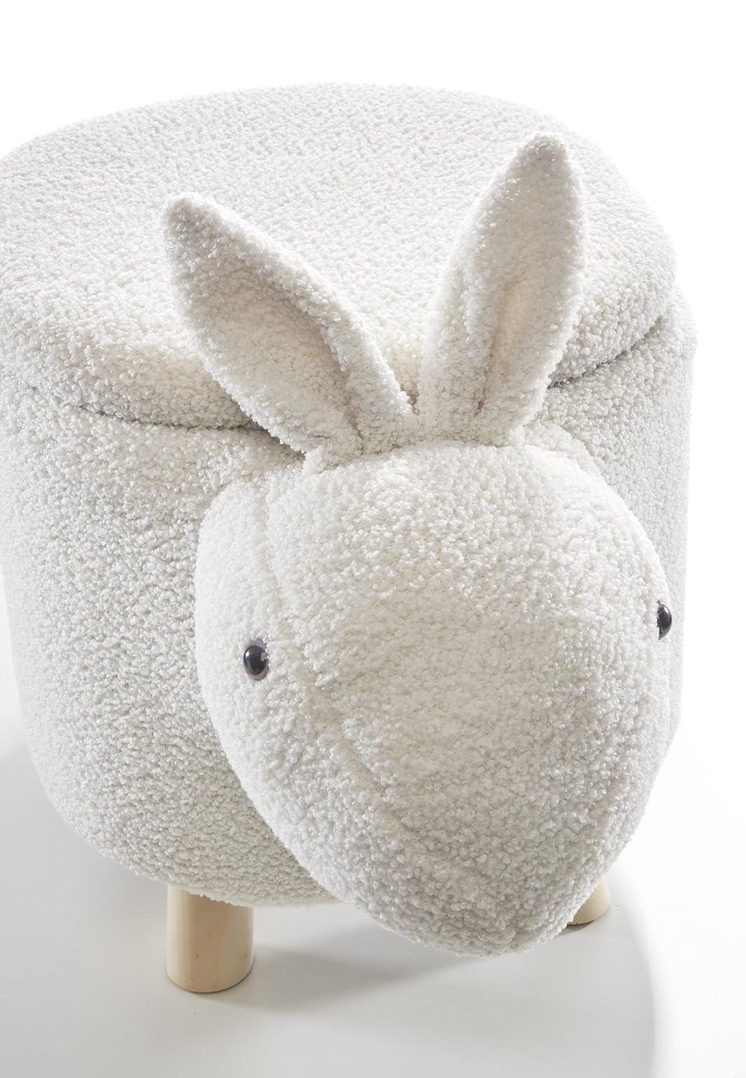 Kobolo Hocker Bunny | weiß 60x35x37 cm | Tierhocker mit Staufach | Bouclé-Teddystoff | Flauschige Sitzgelegenheit & Aufbewahrung im Tierdesign für Kinder
