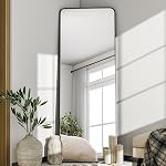 HARRITPURE 56" x21“ Miroir pleine longueur - Miroir d'angle arrondi avec support, cadre en aluminium noir Miroir plein corps debout suspendu ou mur de retenue pour chambre, salon
