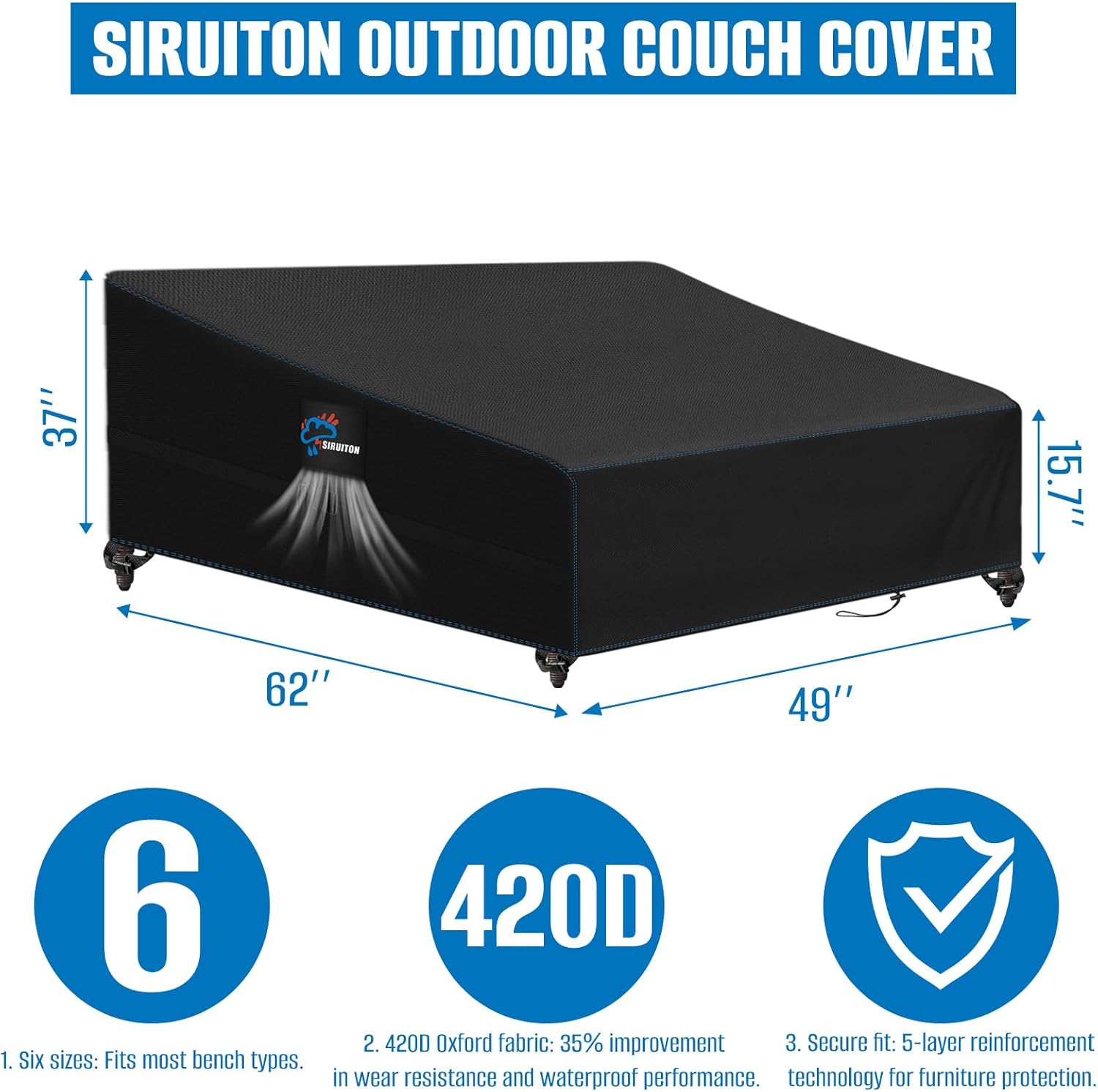 SIRUITON Garden Patio Rattan Daybed Cover Patio Bed Cover 61" W x 48" D x 37" H,Heavy Duty 420D Oxford Waterproof Outdoor Double Sofa/Patio Bed Lounger Covers