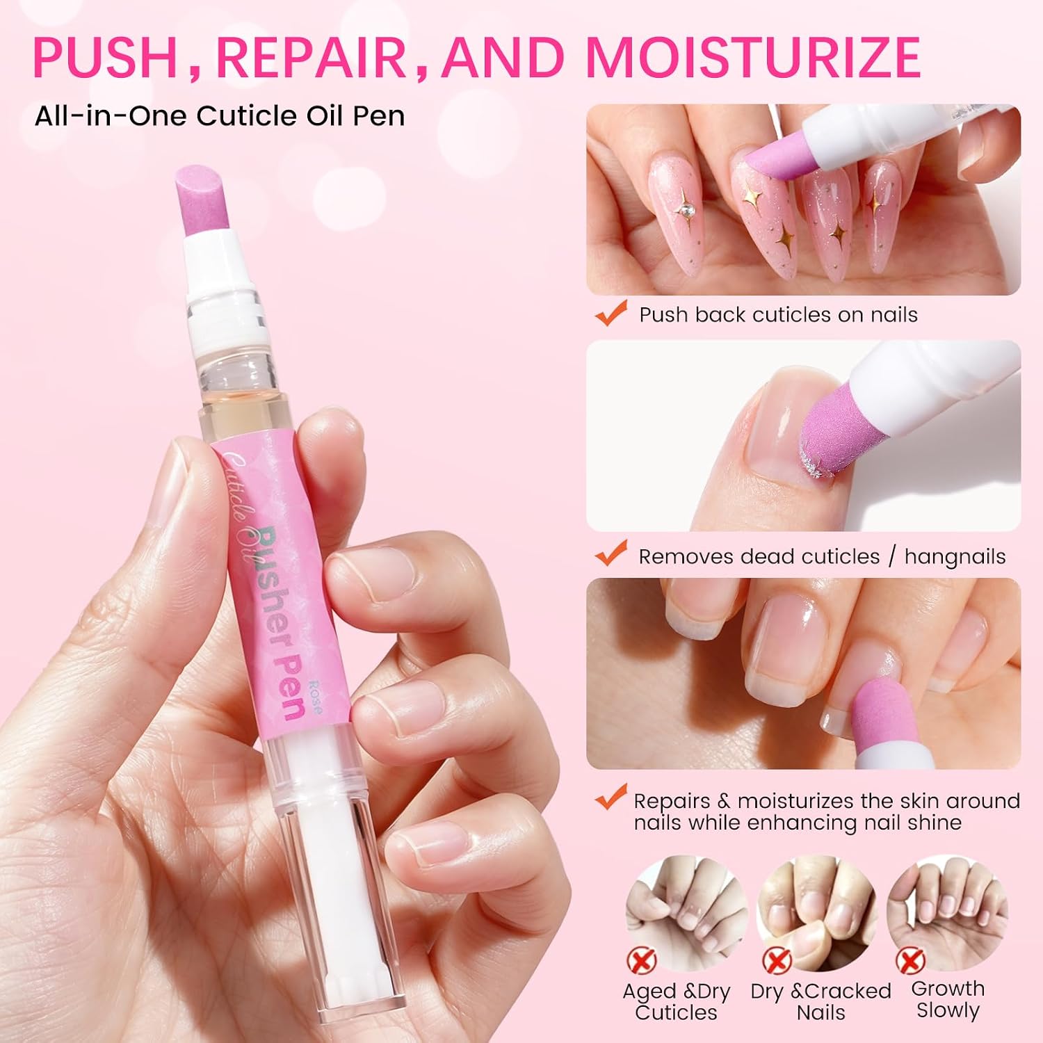 Cuticle Pusher Oil Pen for Nails- 3in1 Ceramic Cuticle Remover Liquid Pen with Oil for Cuticles, Nail Care Cuticle Pushers Tool for Hangnails, Dry & Damaged Moisturize Nails(Rose)