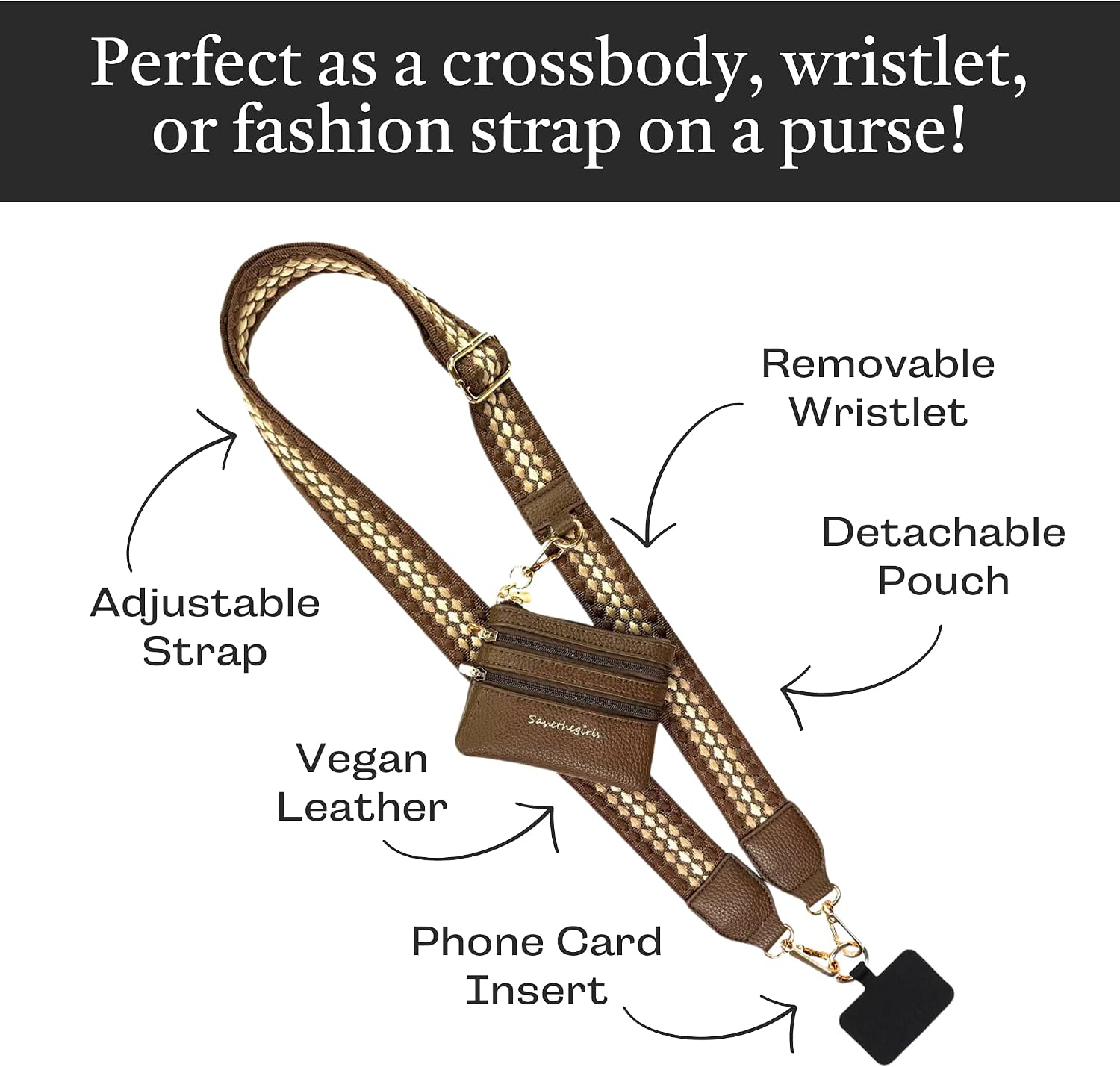 Save the Girls Clip & Go Phone Lanyard with Wallet Pouch, Dark Brown/Light image 3