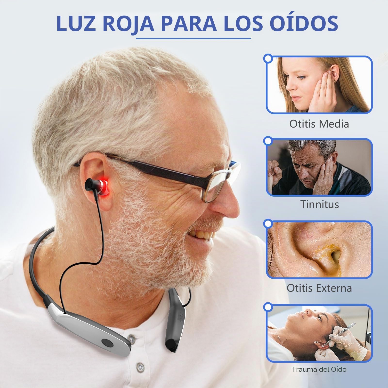 Terapia de luz roja para oídos, dispositivo de terapia de luz roja 2 en 1, dispositivo portátil de alivio de tinnitus de luz roja con tres pares de tapones para los oídos