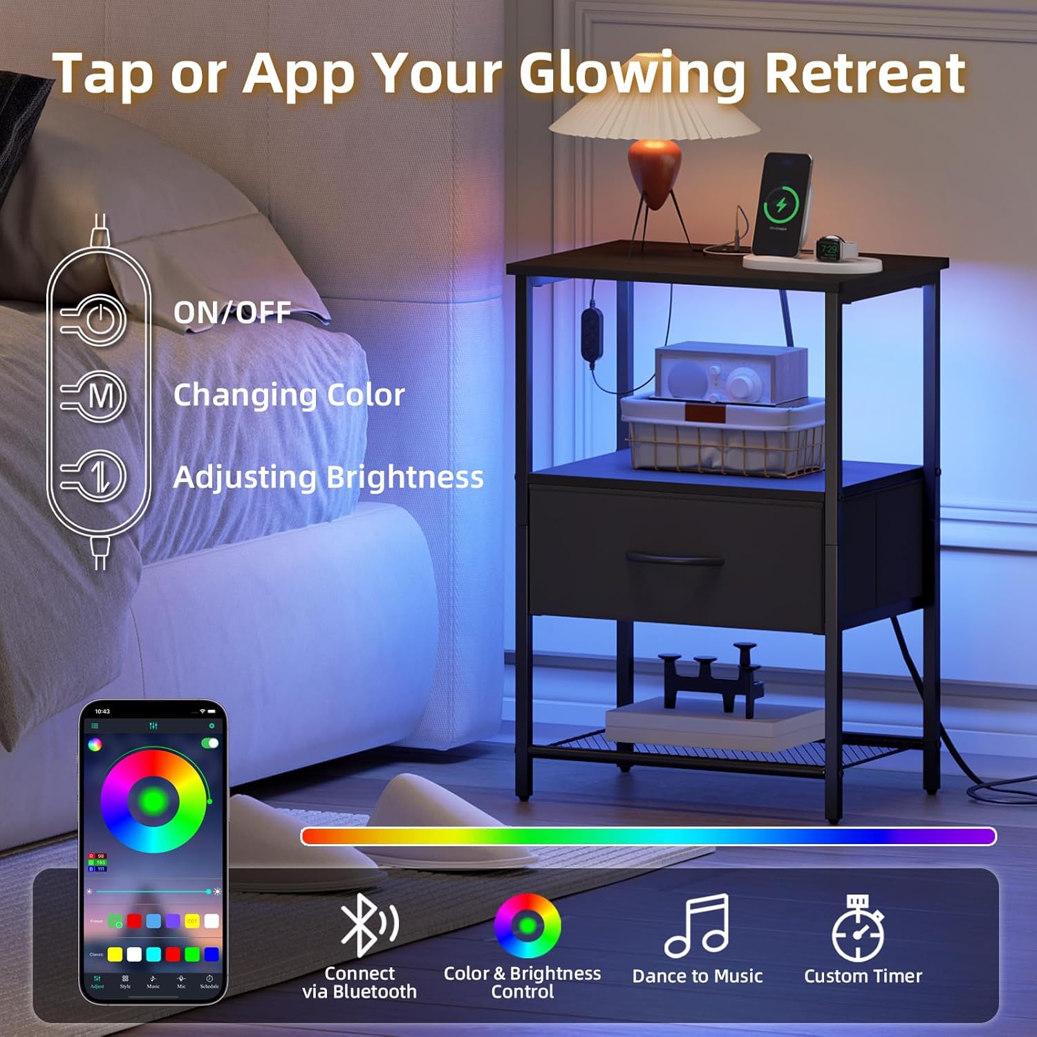 Somdot Black Nightstand Set of 2 with Charging Station and LED Light for Bedroom, Bedside Table End Table for Dorm Guest Room Bedside Kids Laundry Closet Entryway Hallway, Black Rustic Brown