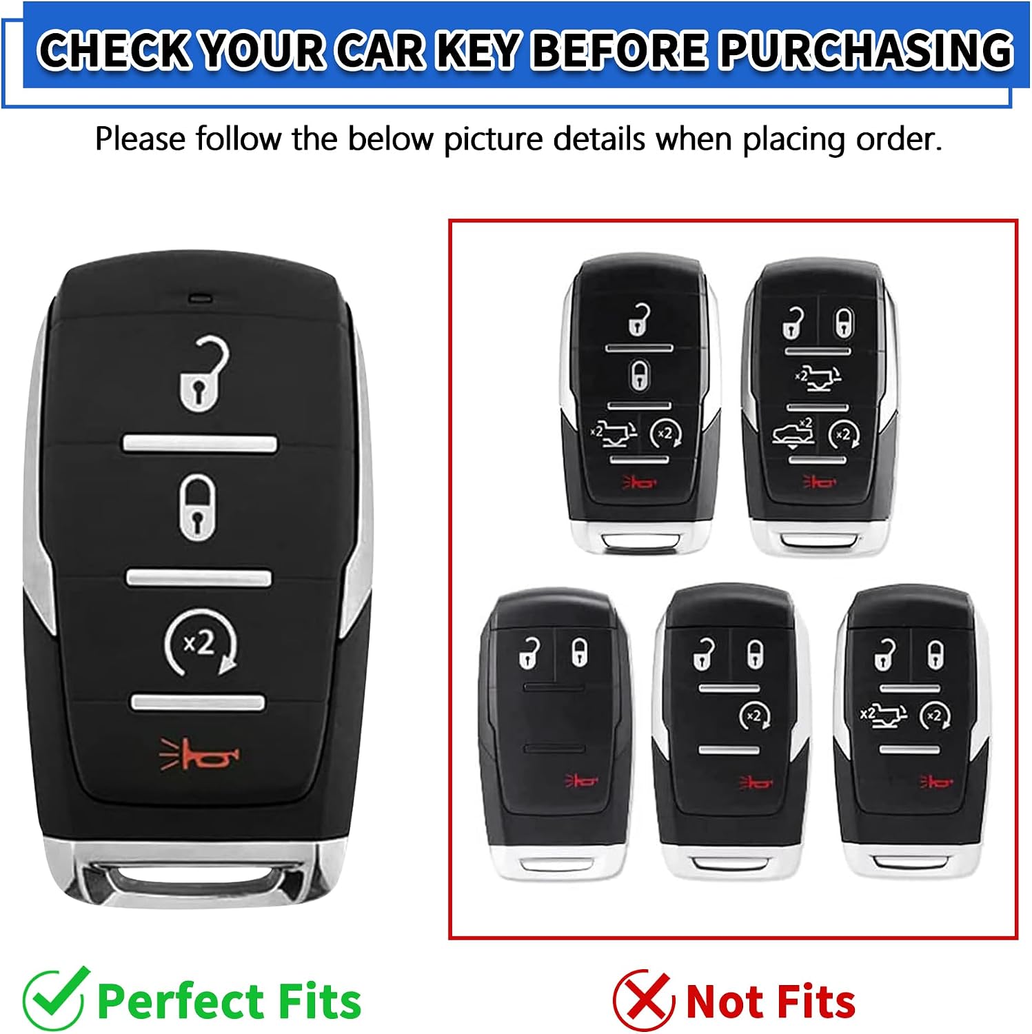 TOMALL 2 Pack for Dodge Key Fob Cover with Keychain, 4 Buttons Silicone Rubber Key Case Compatible with Dodge Ram 1500 2500 3500 2019 2020 2021 2022 2023 2024 2025 Keyless Entry Remote Control