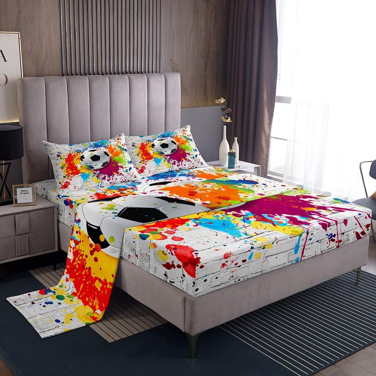 Football Bed Sheets Set Rugby Sports Sheet Set Soccer Ball Game Sheets with Deep Pocket Fitted Sheet for Girls Children Teens Bed OOM Decor Gift for Football Lover Bedding Set Twin with 1 Pi