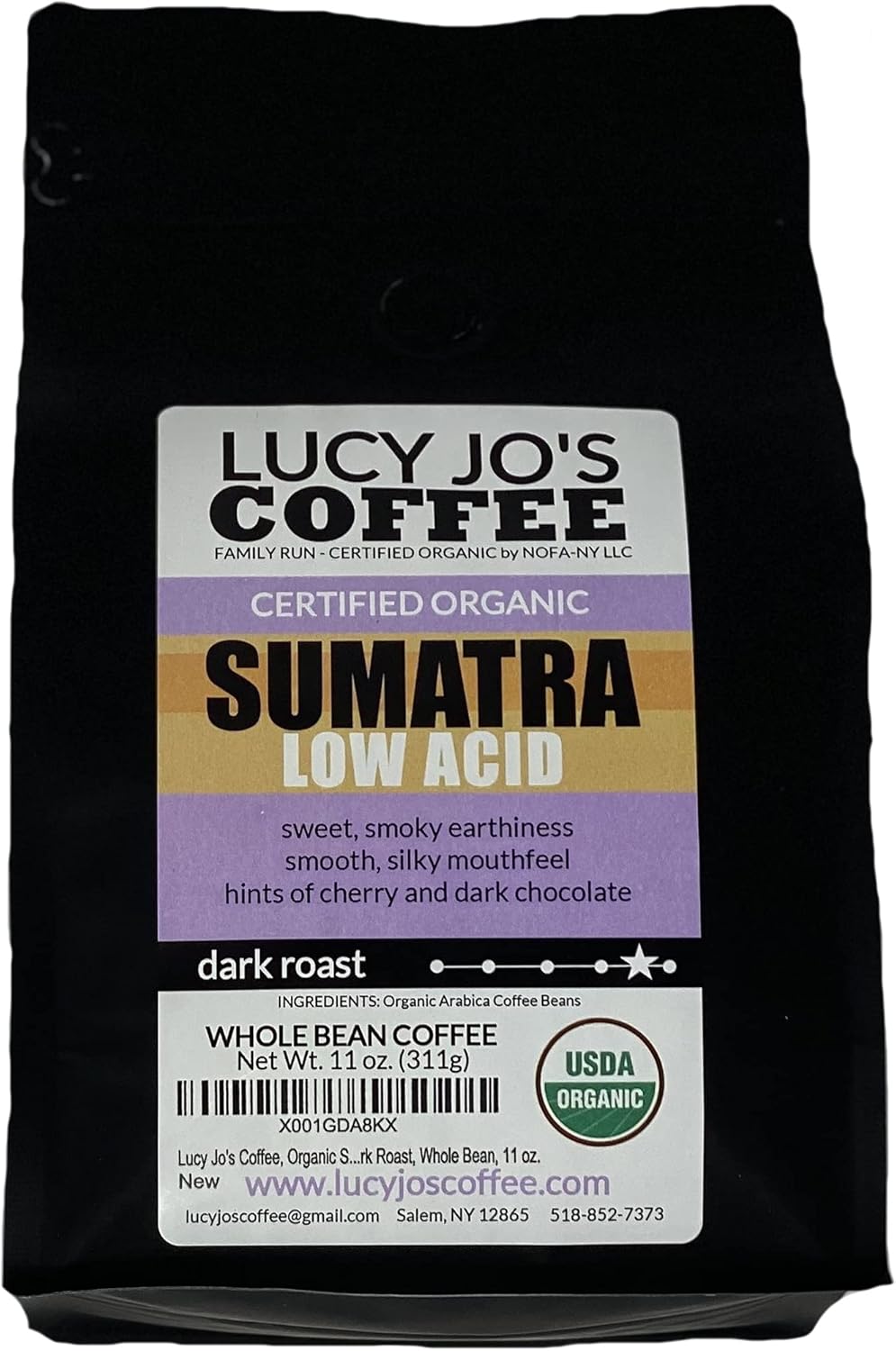 Lucy Jo's Coffee, Organic Sumatra, Low Acid, Dark Roast, Whole Bean, 11
