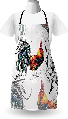 Miniatura 2 de Lunarable Delantal Gallus, gallos Crowing Sound Siluetas y flores, Insecto Mariposa de pie, plumaje, babero de cocina unisex con cuello ajustable