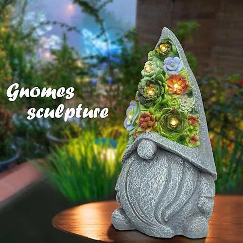 Miniatura 7 de Estatuas solares de jardín con suculentas y luces LED, estatuas de gnomos de jardín, decoraciones para patio, exterior, patio, balcón, jardinería,