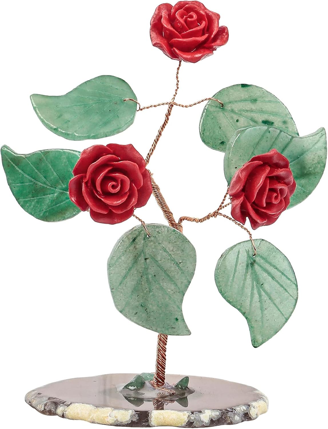 mookaitedecor Resin Rose Flower & Green Aventurine Leaves Money Tree with Agate Base, Romantic Wedding Home Decoration for Lover