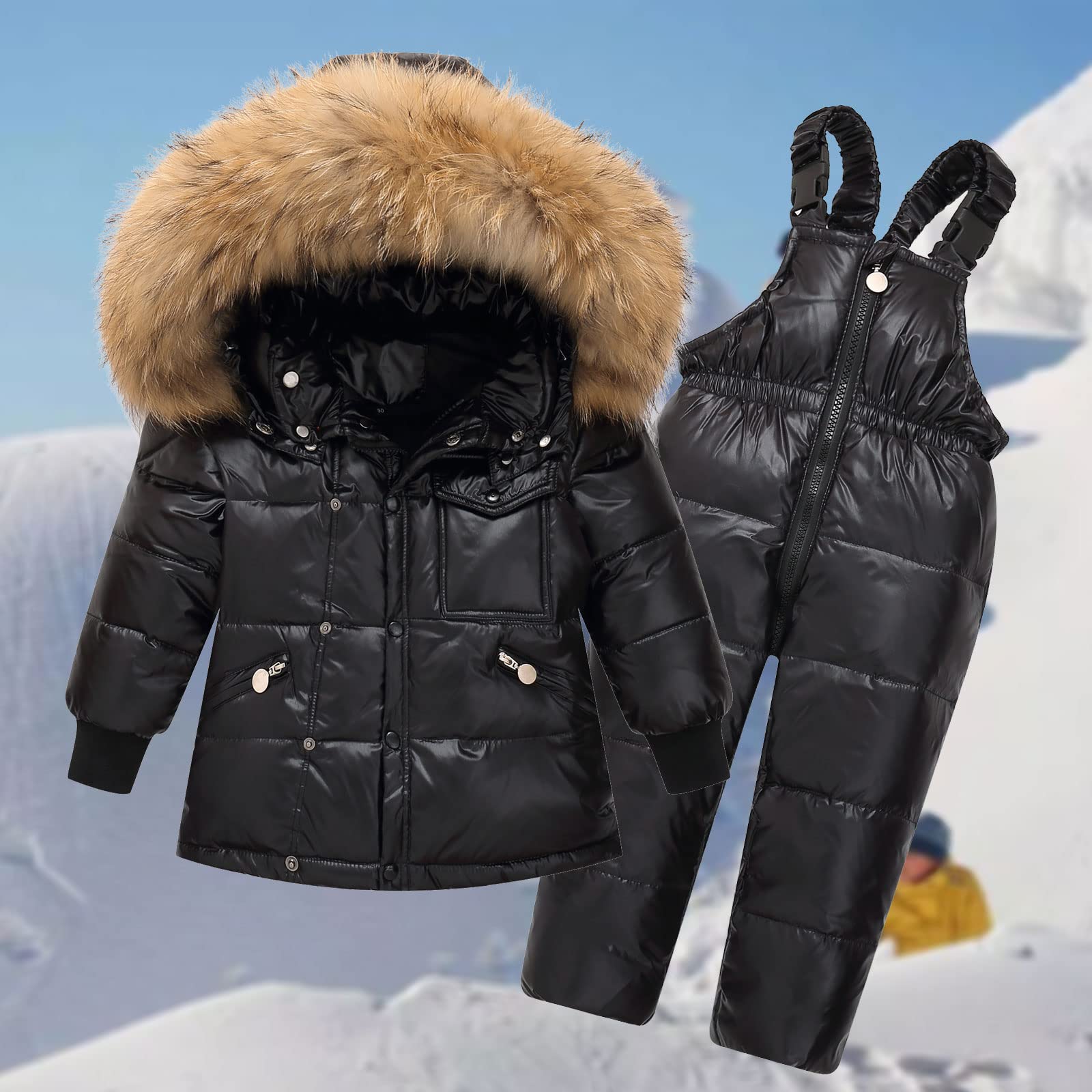 Niñas Niños Trajes de Nieve Abrigos de Esquiar Chaqueta de Plumas con Capucha + Pantalones de Nieve 2 Piezas Conjunto de Esquí Ropa Invierno Impermeable por Bebe Niño Niña 3-5 años Negro